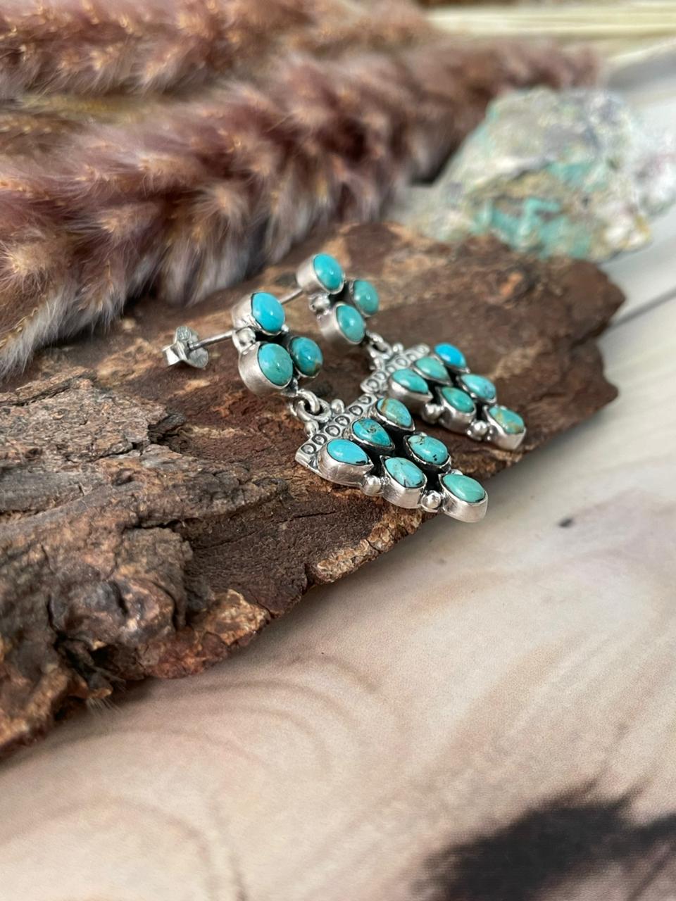 Handmade Sterling Silver Kingman Turquoise Post Dangle Earrings Signed Nizhoni