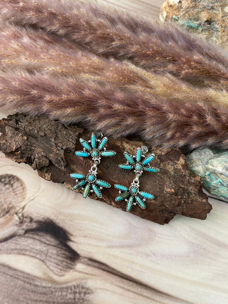 Handmade Sterling Silver Kingman Turquoise Post Dangle Earrings Signed Nizhoni