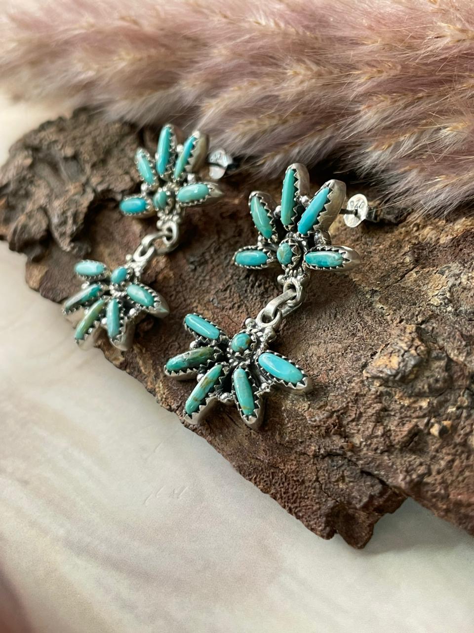 Handmade Sterling Silver Kingman Turquoise Post Dangle Earrings Signed Nizhoni