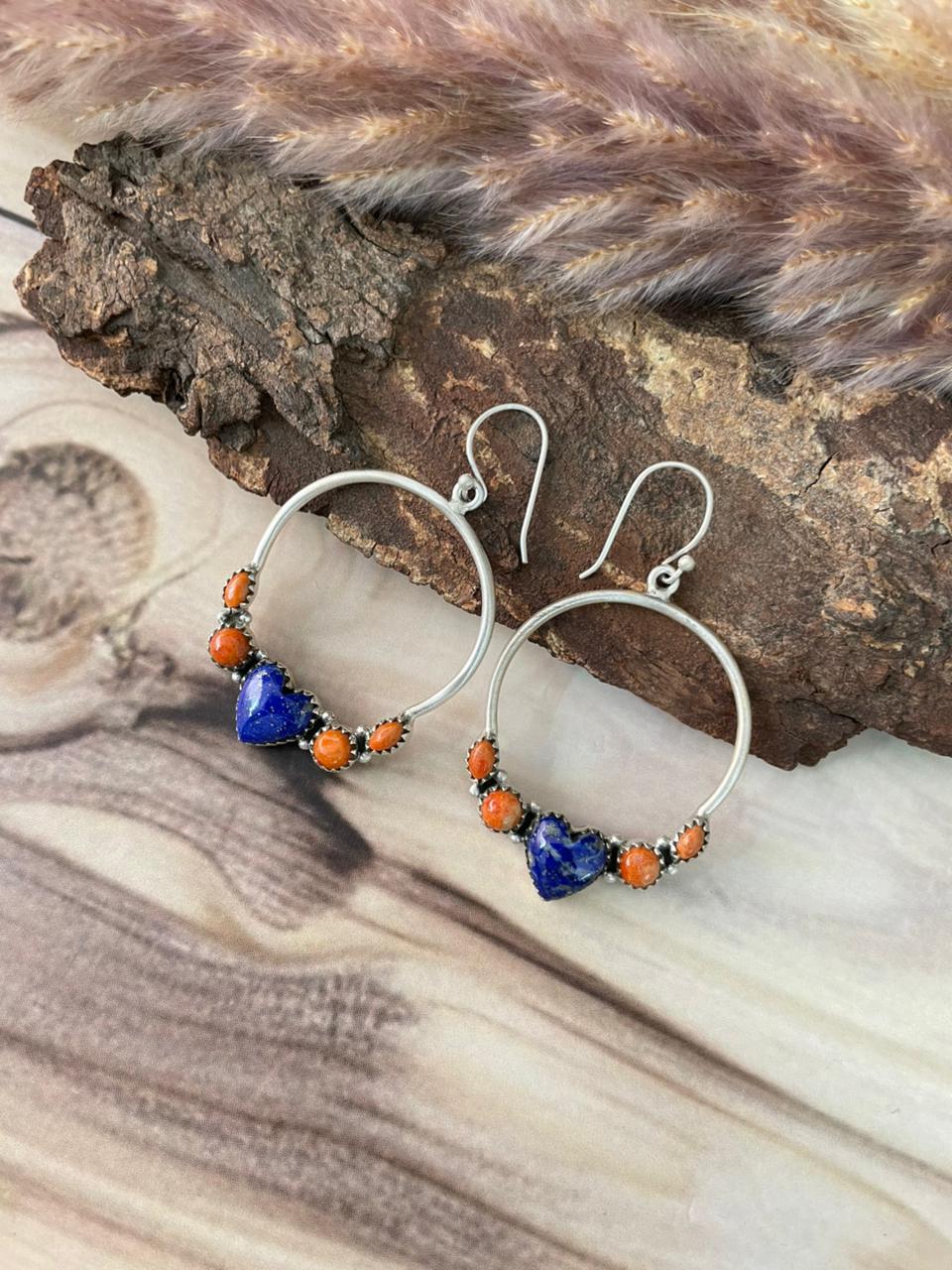 Handmade Sterling Silver Lapis with Orange Mojave Hook Hoops Dangle Earrings Signed Nizhoni