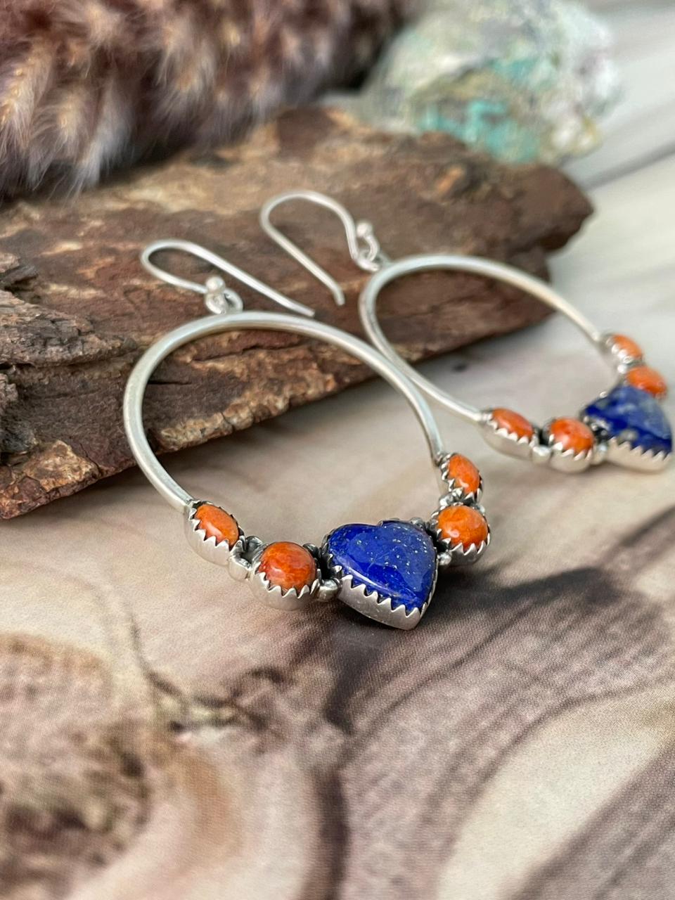 Handmade Sterling Silver Lapis with Orange Mojave Hook Hoops Dangle Earrings Signed Nizhoni