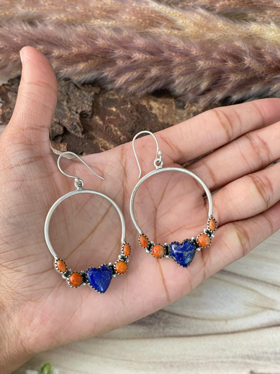Handmade Sterling Silver Lapis with Orange Mojave Hook Hoops Dangle Earrings Signed Nizhoni