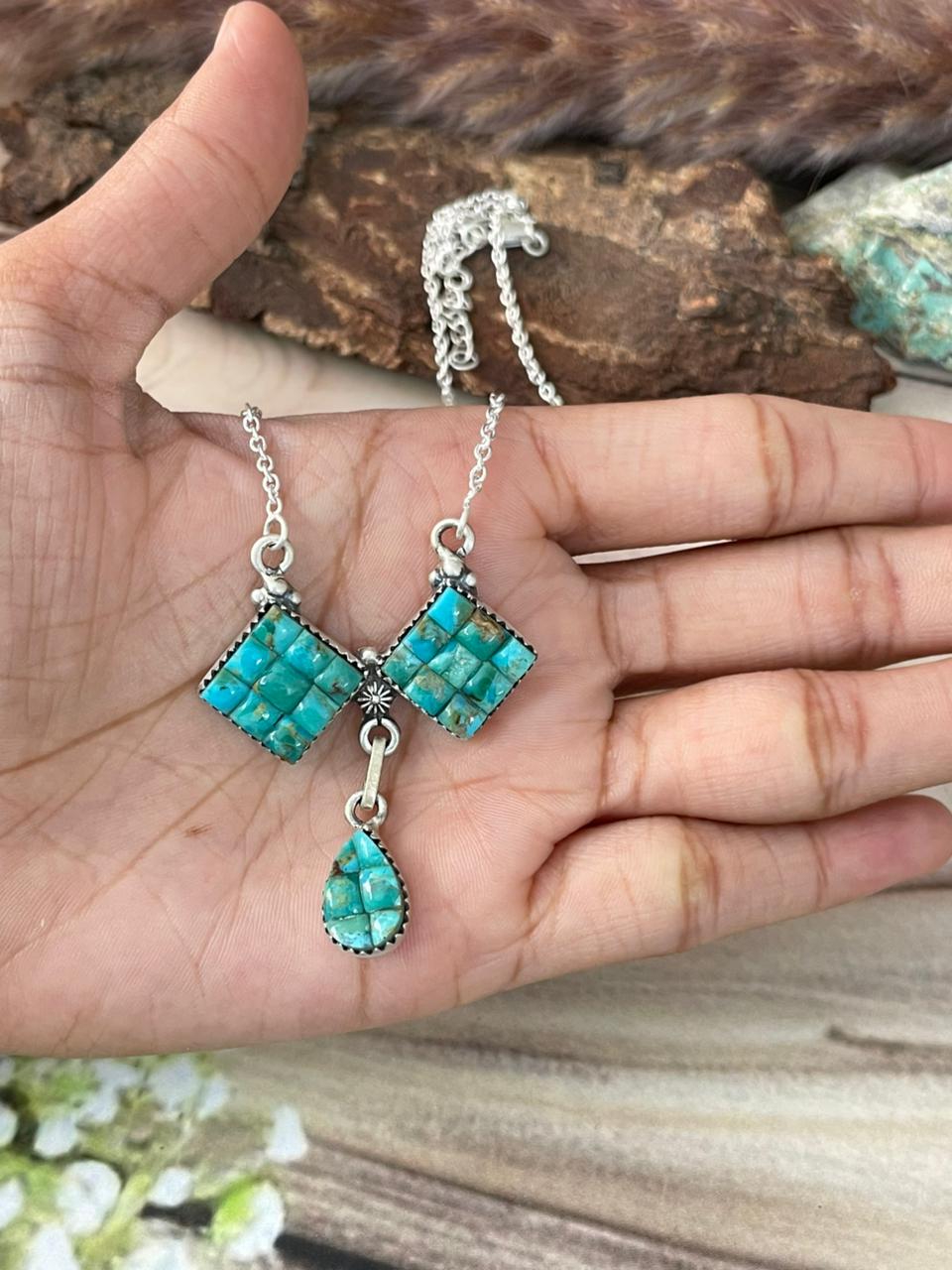 Handmade Sterling Silver Kingman Turquoise Cobble Stone Necklace Signed Nizhoni