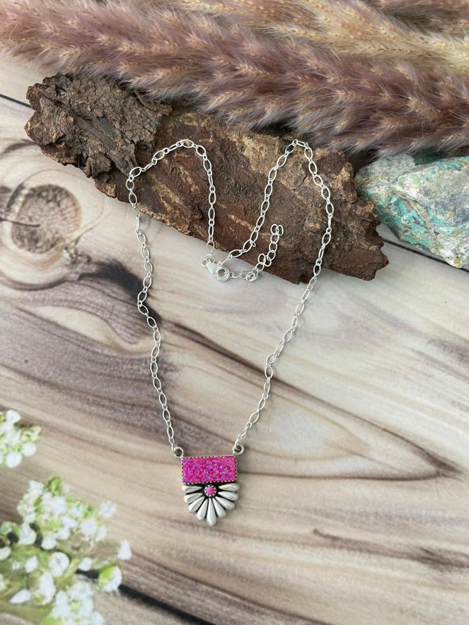 Handmade Sterling Silver Hot Pink Necklace Signed Nizhoni
