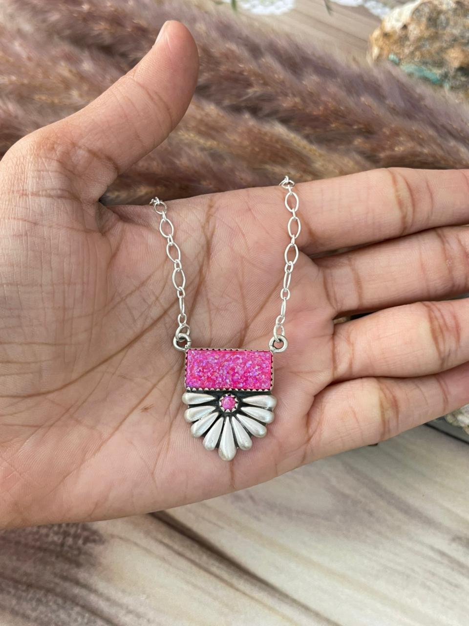 Handmade Sterling Silver Hot Pink Necklace Signed Nizhoni