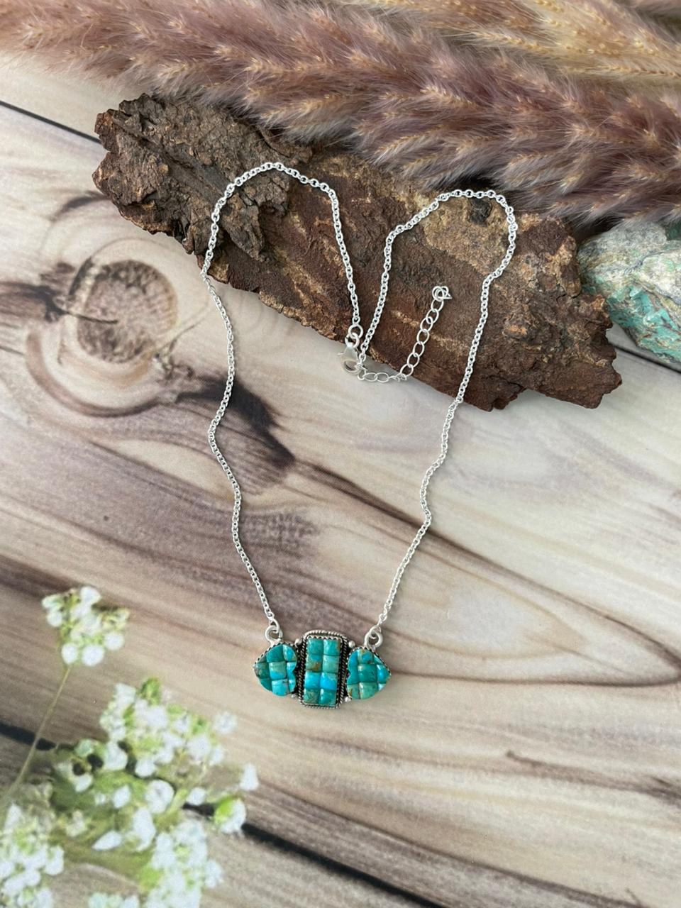Handmade Sterling Silver Kingman Turquoise Cobble Stone Necklace Signed Nizhoni