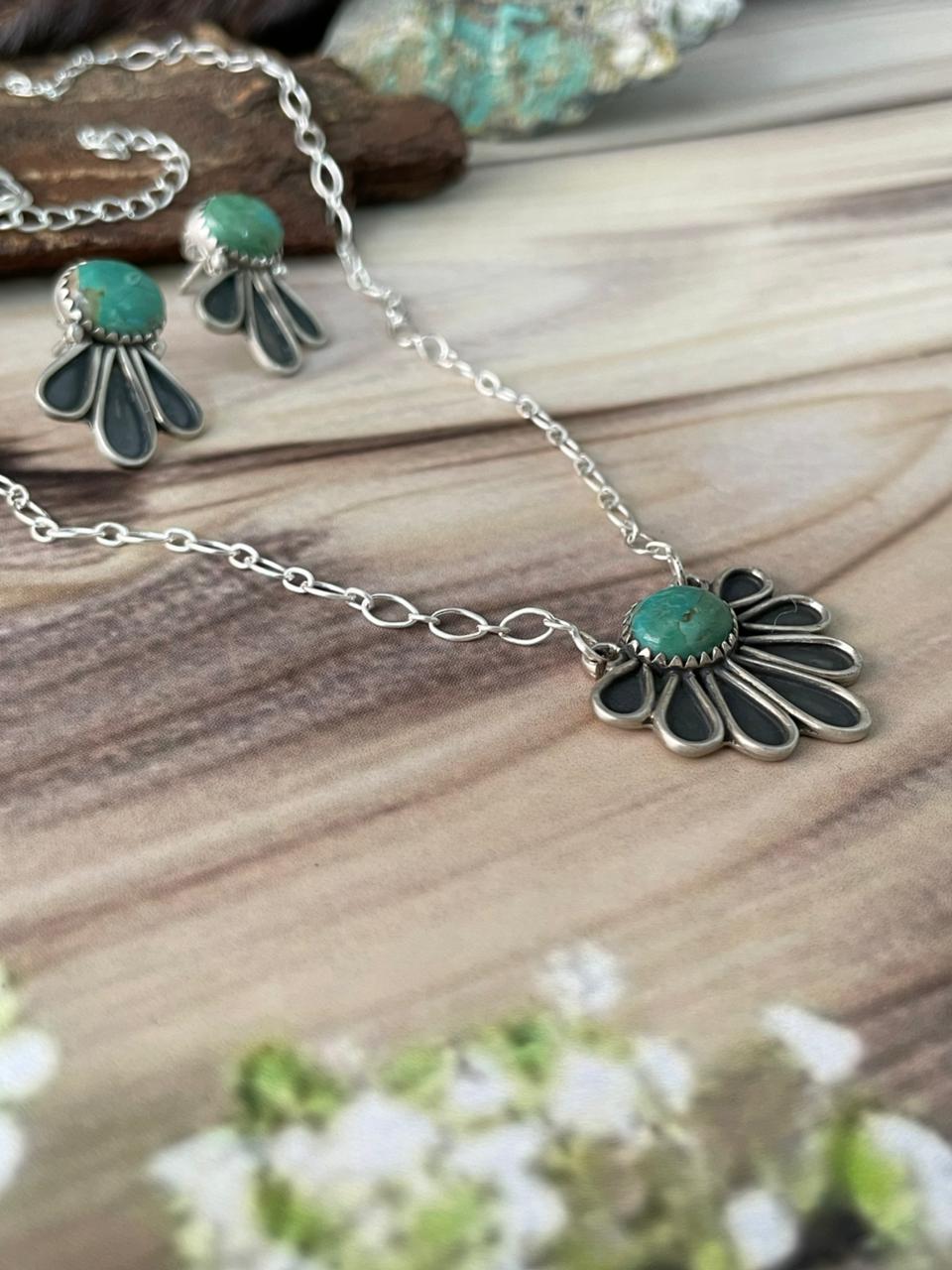 Handmade Sterling Silver Kingman Turquoise Necklace and Earrings Set Signed Nizhoni