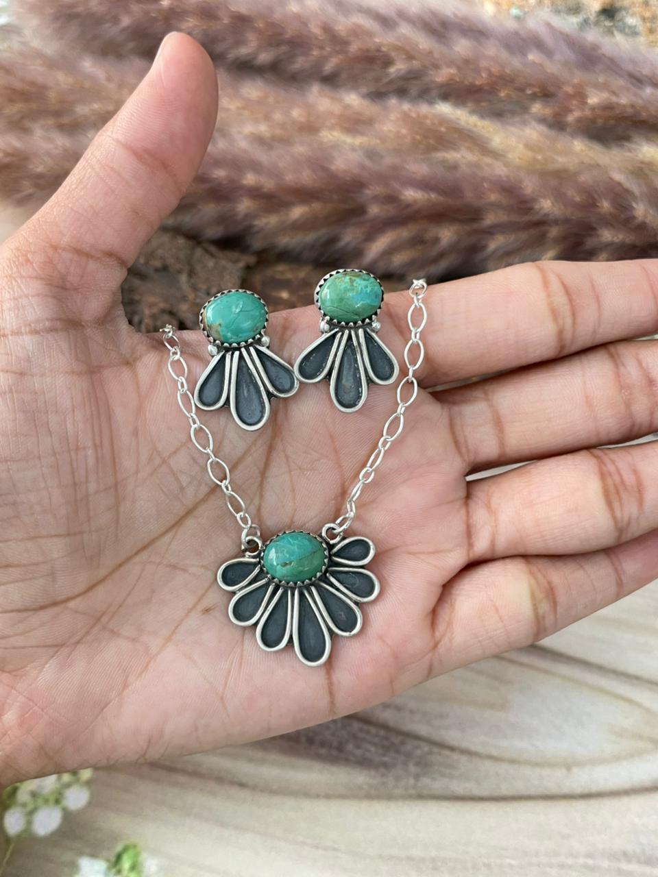 Handmade Sterling Silver Kingman Turquoise Necklace and Earrings Set Signed Nizhoni