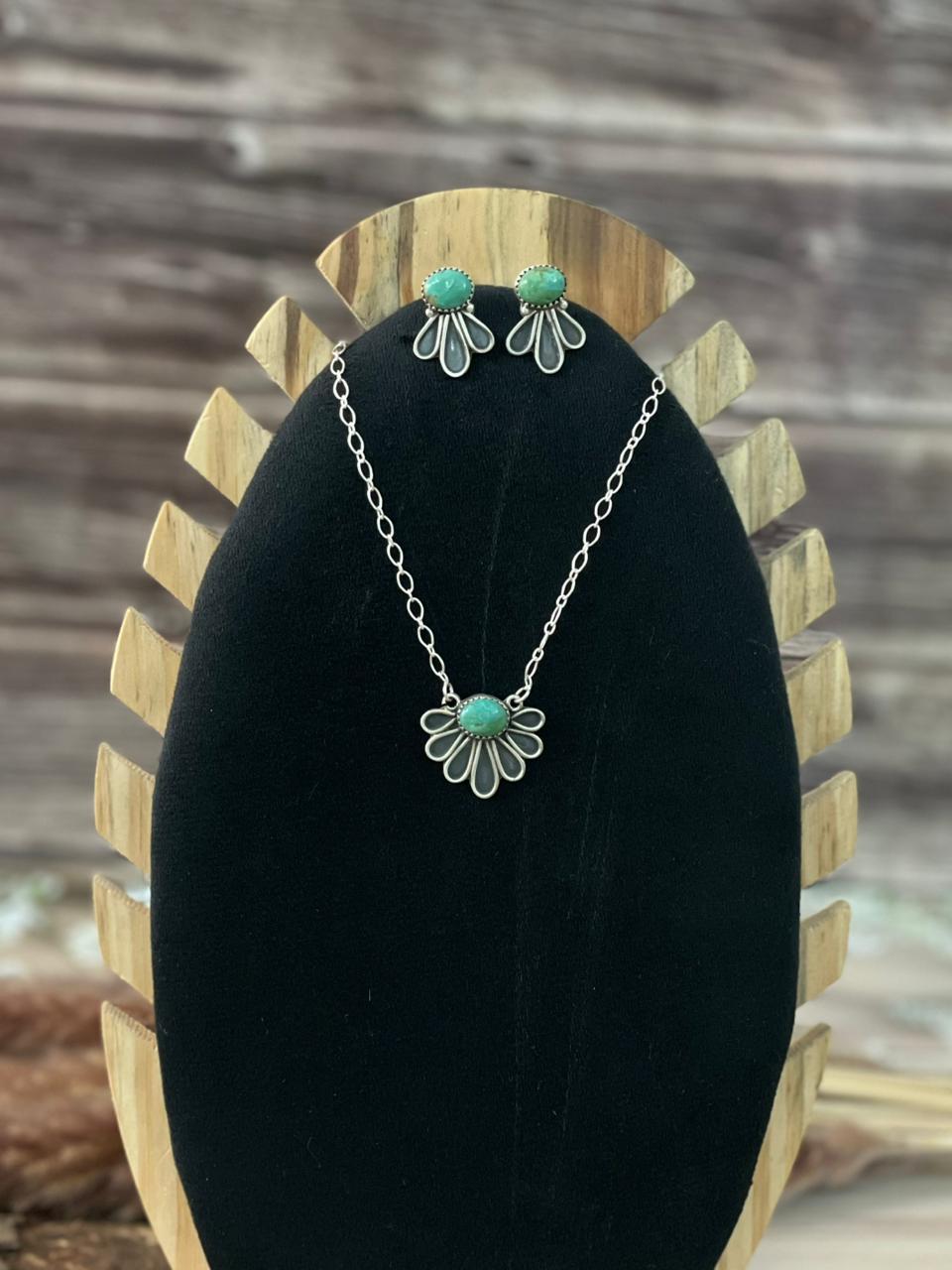 Handmade Sterling Silver Kingman Turquoise Necklace and Earrings Set Signed Nizhoni