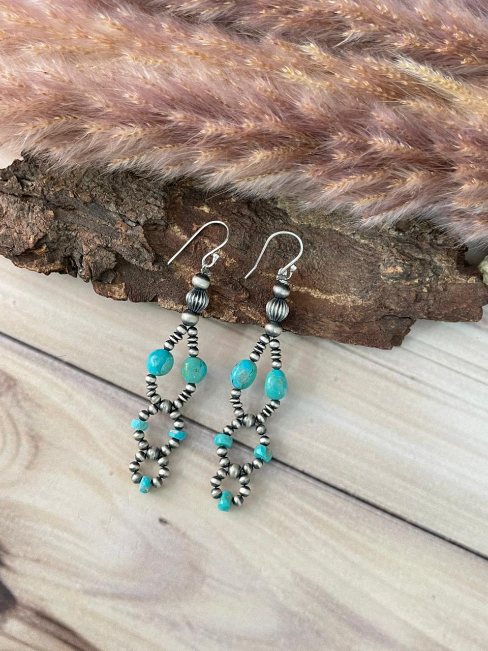 Handmade Sterling Silver Kingman Turquoise Hook Dangle Beaded Earrings