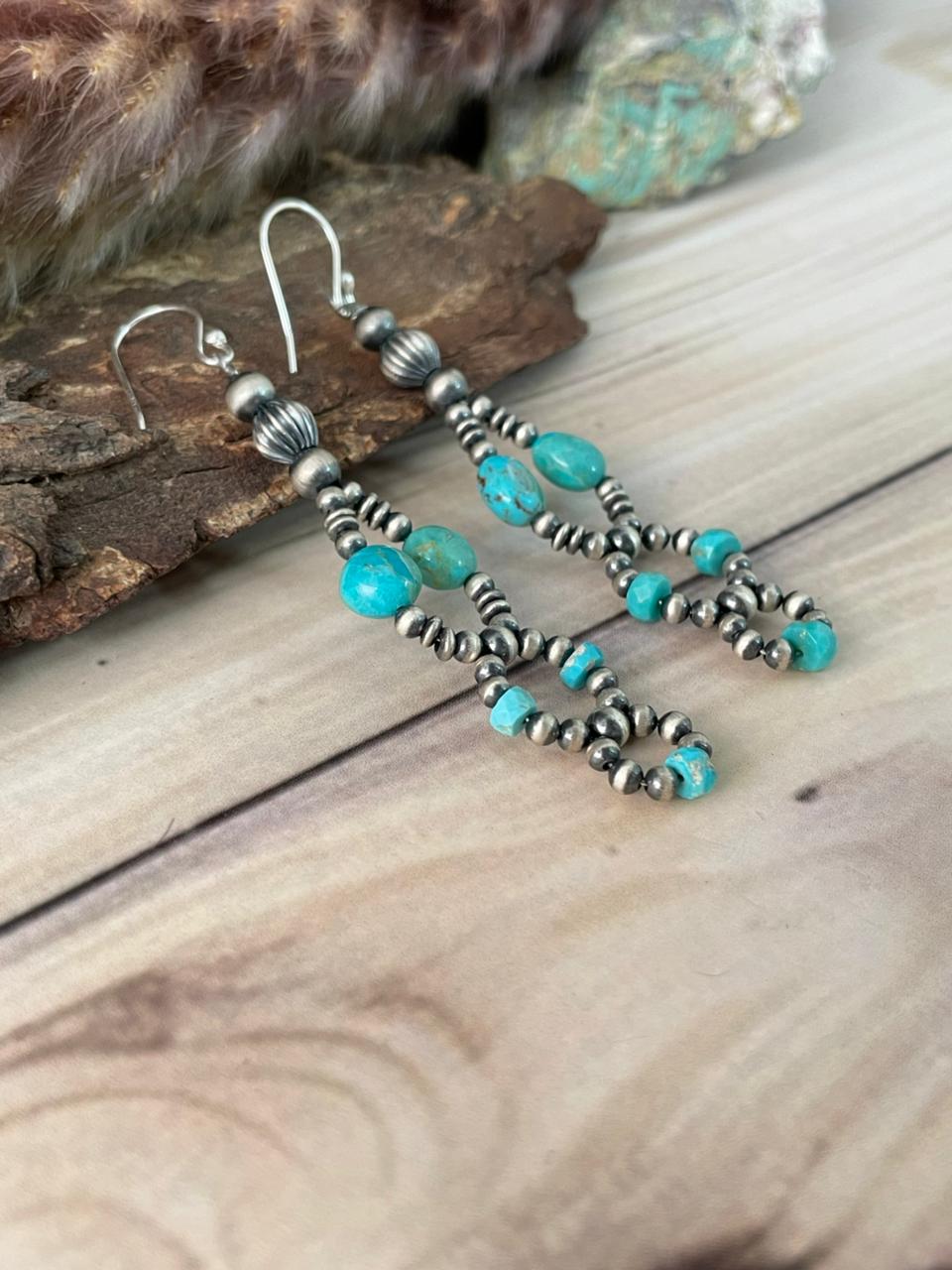 Handmade Sterling Silver Kingman Turquoise Hook Dangle Beaded Earrings