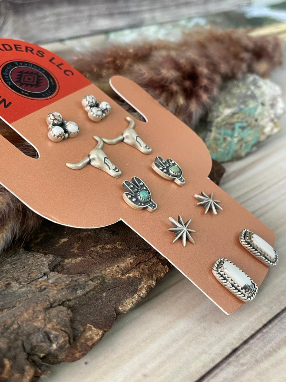 Handmade Sterling Silver Wildhorse Magnesite and Kingman Turquoise Post Studs Cards