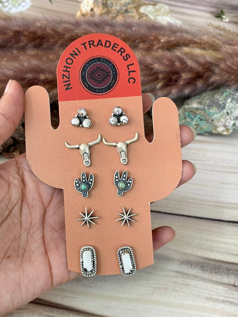 Handmade Sterling Silver Wildhorse Magnesite and Kingman Turquoise Post Studs Cards