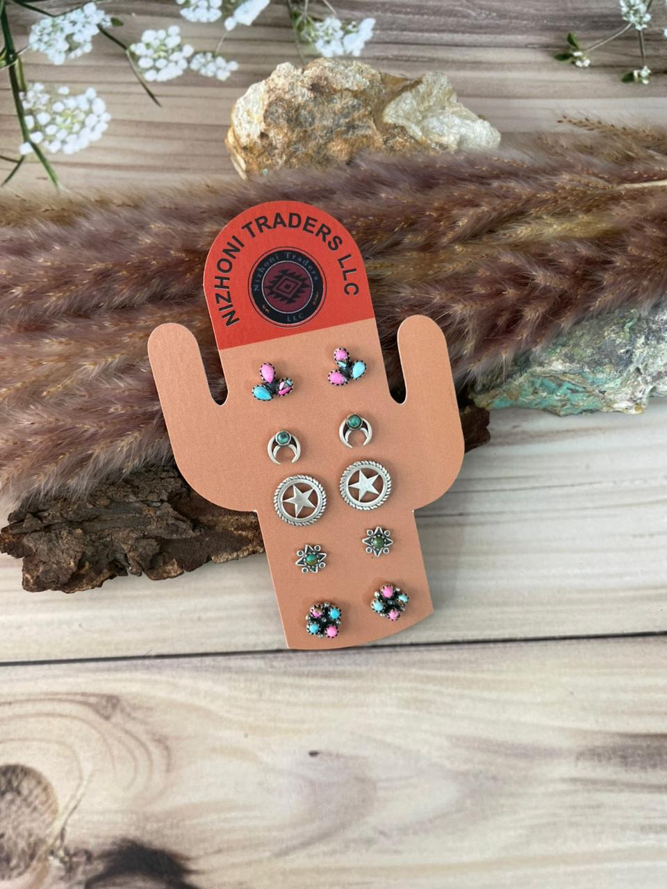 Handmade Sterling Silver Cotton Candy and Kingman Turquoise Post Studs Cards