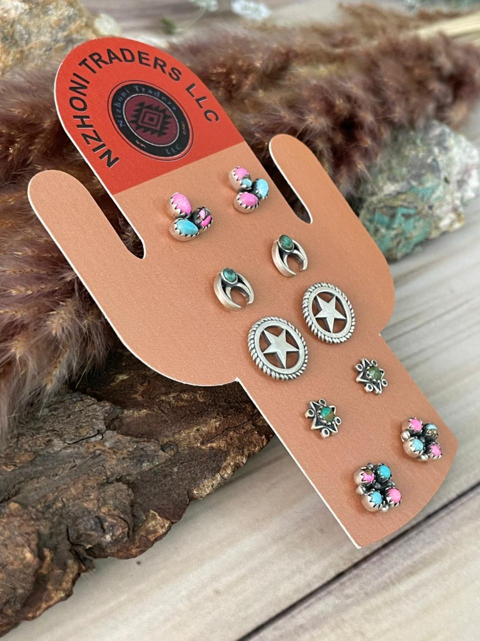 Handmade Sterling Silver Cotton Candy and Kingman Turquoise Post Studs Cards
