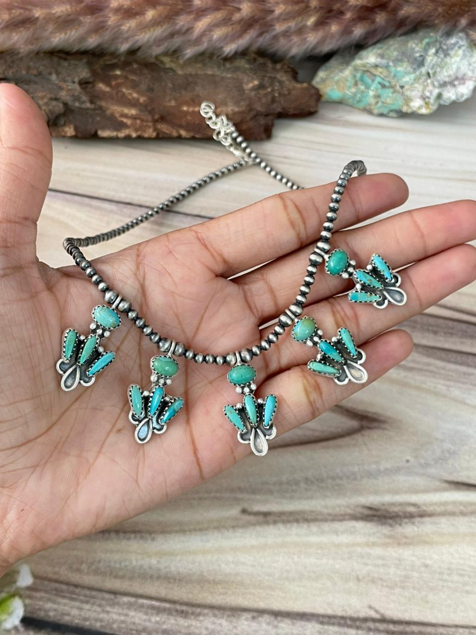 Handmade Sterling Silver Kingman Turquoise Beaded Necklace Signed Nizhoni