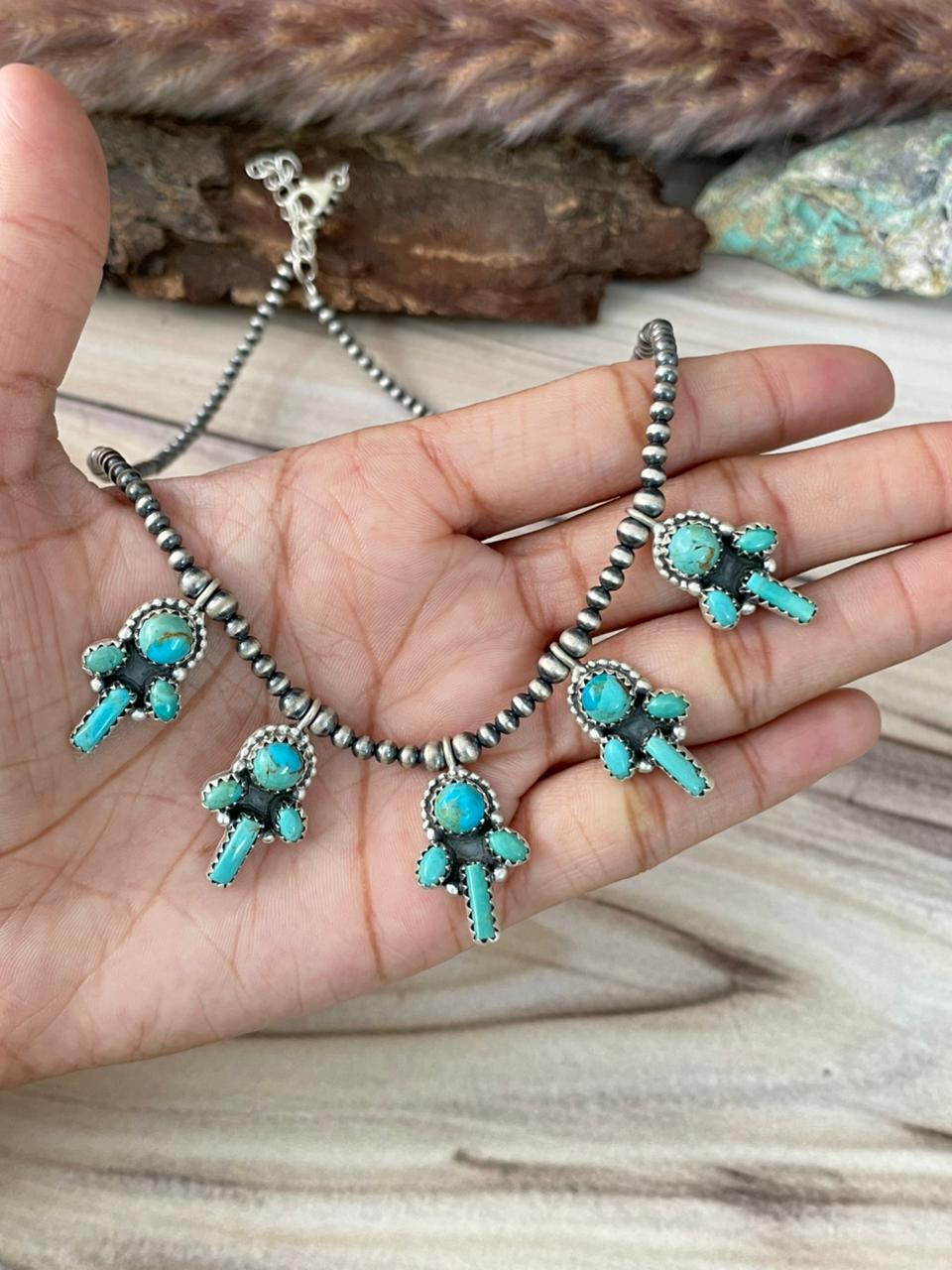Handmade Sterling Silver Kingman Turquoise Beaded Necklace Signed Nizhoni (1)
