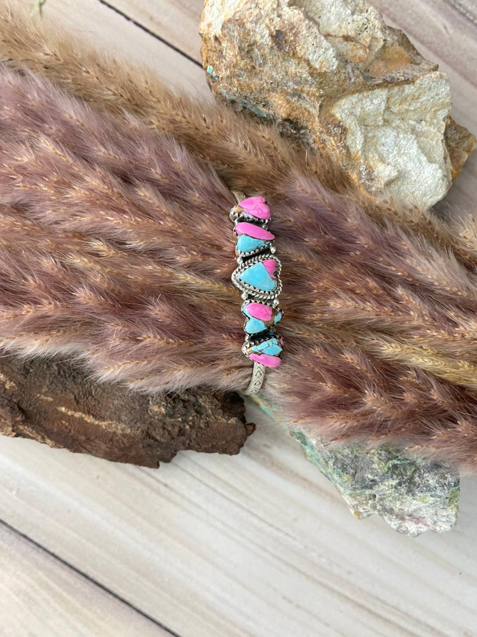 Handmade Sterling Silver Cotton Candy Cuff Heart Bracelet Signed Nizhoni