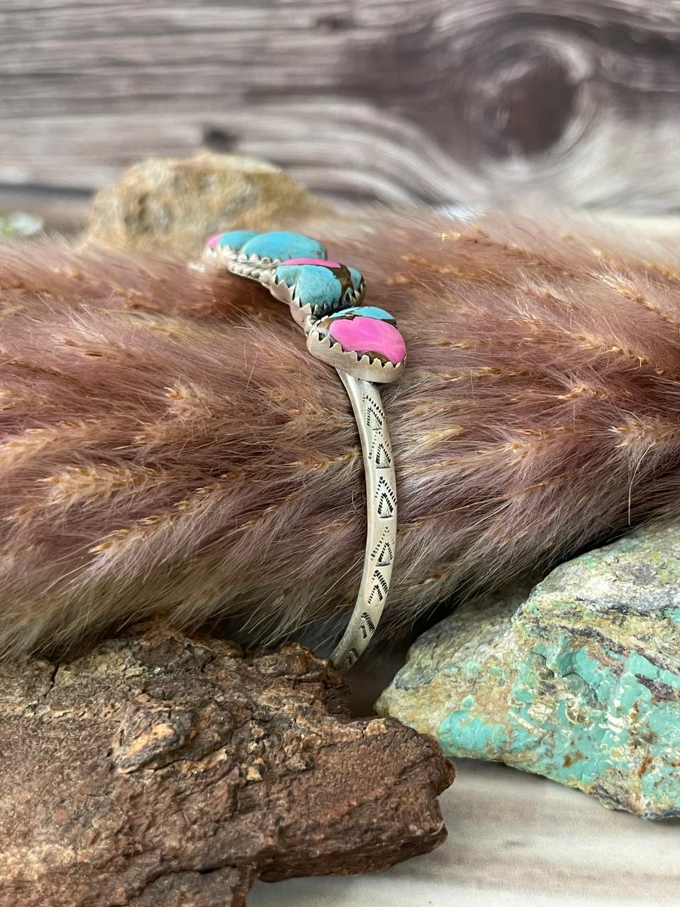 Handmade Sterling Silver Cotton Candy Cuff Heart Bracelet Signed Nizhoni