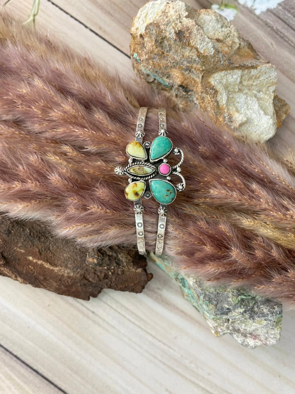 Handmade Sterling Silver Carico Lake with Cotton Candy and Palomino Turquoise Butterfly Cuff Bracelet Signed Nizhoni