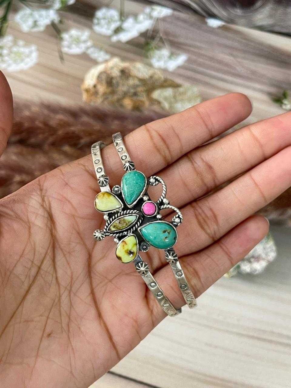 Handmade Sterling Silver Carico Lake with Cotton Candy and Palomino Turquoise Butterfly Cuff Bracelet Signed Nizhoni