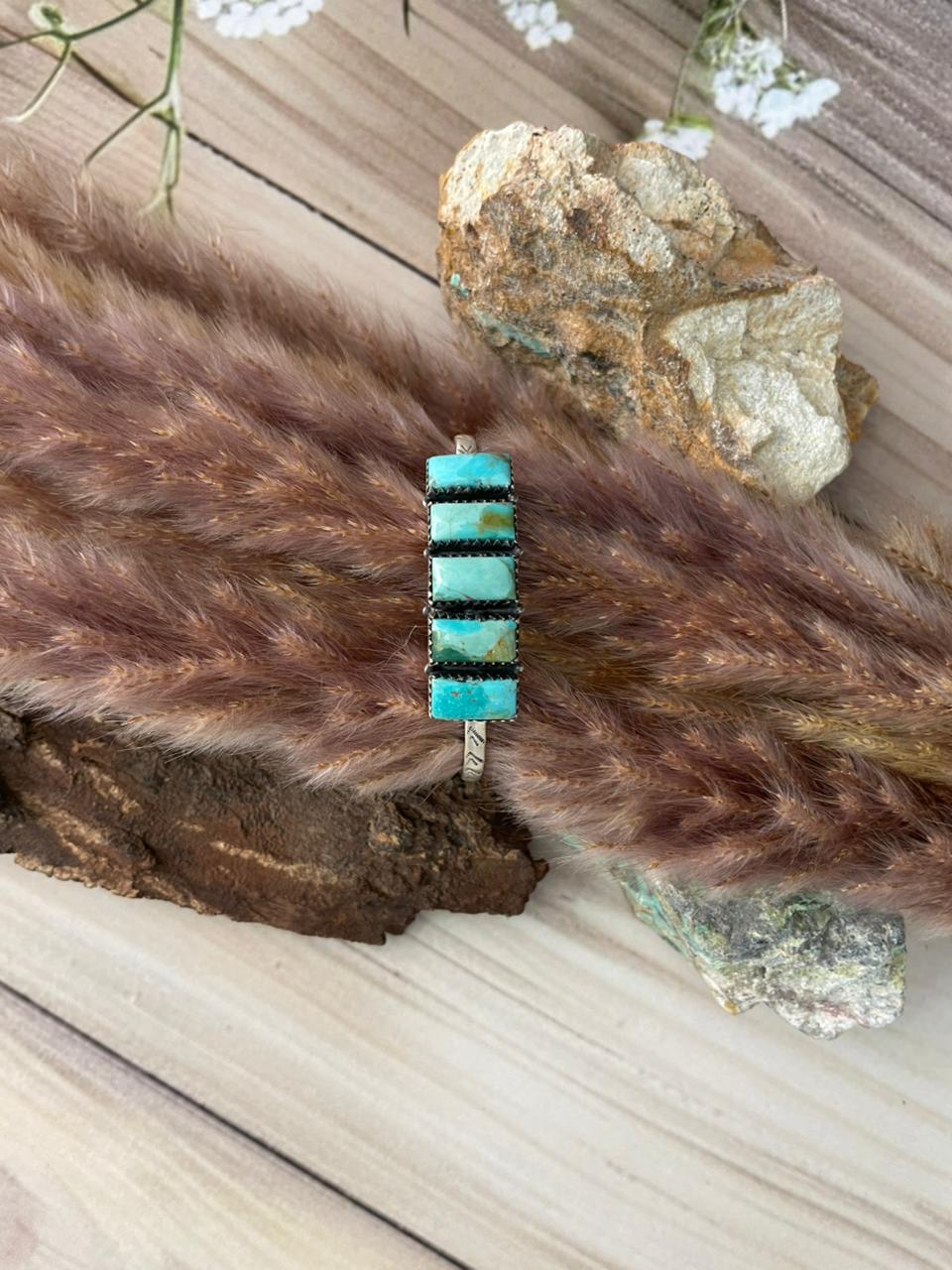 Handmade Sterling Silver Kingman Turquoise Cuff Bracelet Signed Nizhoni
