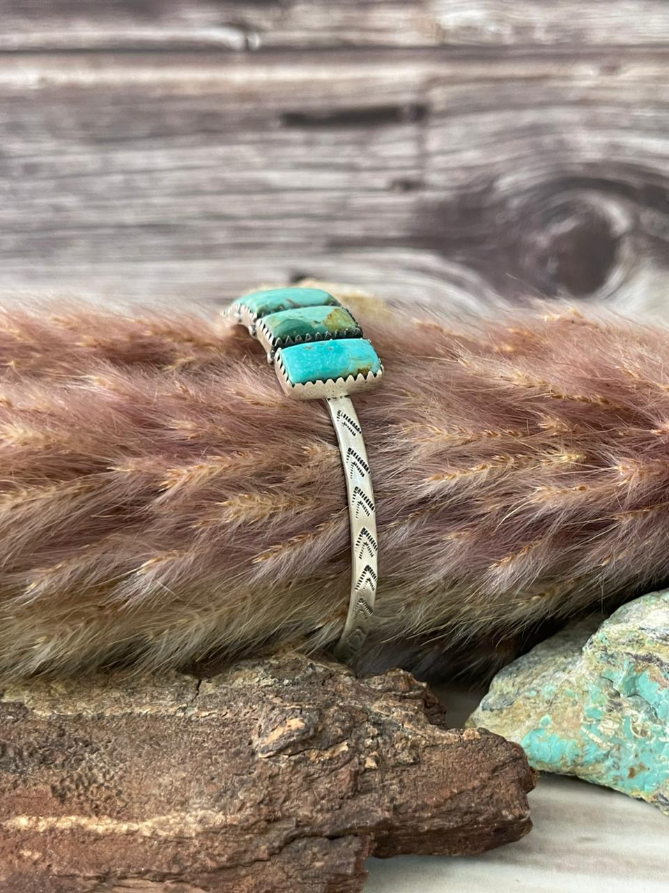 Handmade Sterling Silver Kingman Turquoise Cuff Bracelet Signed Nizhoni