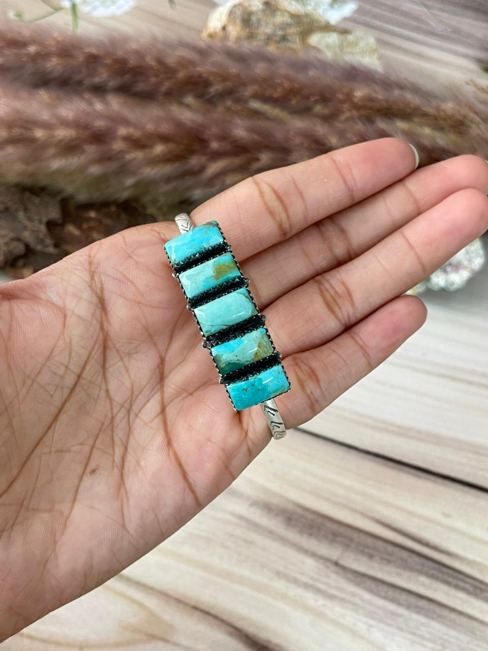 Handmade Sterling Silver Kingman Turquoise Cuff Bracelet Signed Nizhoni
