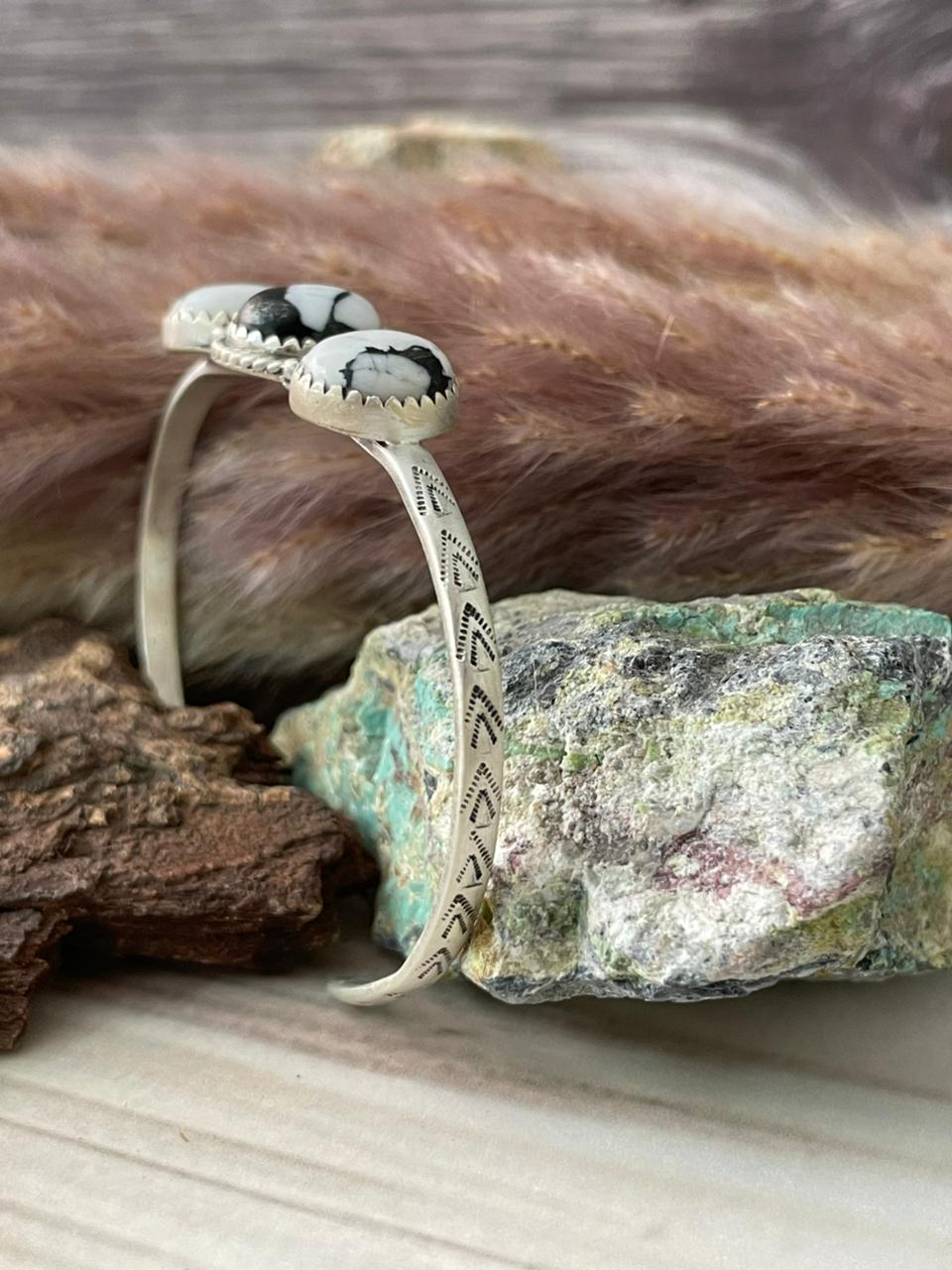 Handmade Sterling Silver White Buffalo Cuff Bracelet Signed Nizhoni