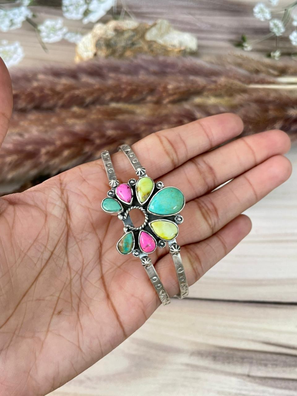 Handmade Sterling Silver Carico Lake with Cotton Candy and Palomino Turquoise Naja Cuff Bracelet Signed Nizhoni
