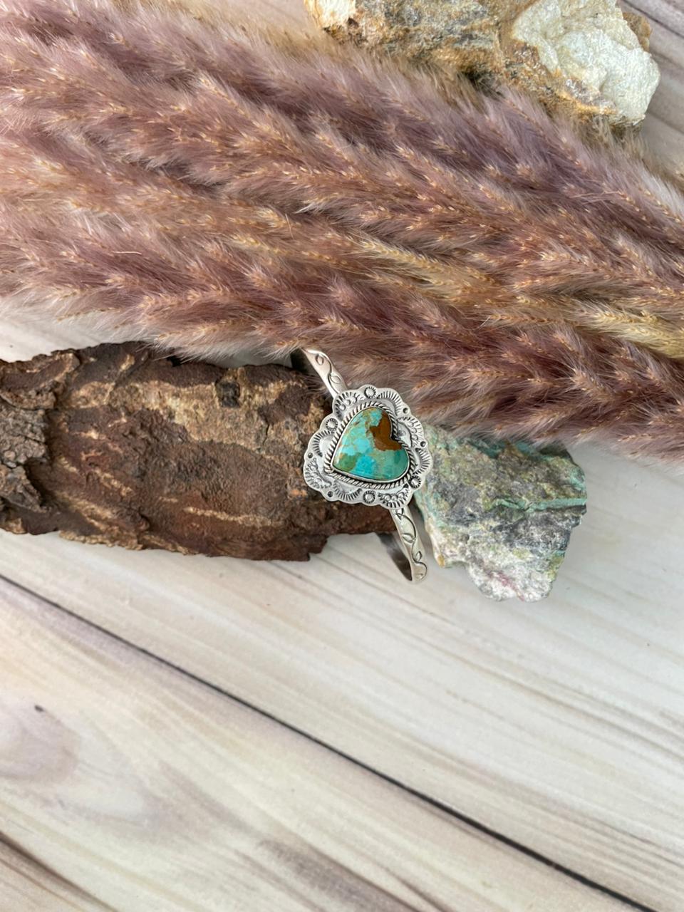 Handmade Sterling Silver Kingman Turquoise Heart Cuff Bracelet Signed Nizhoni