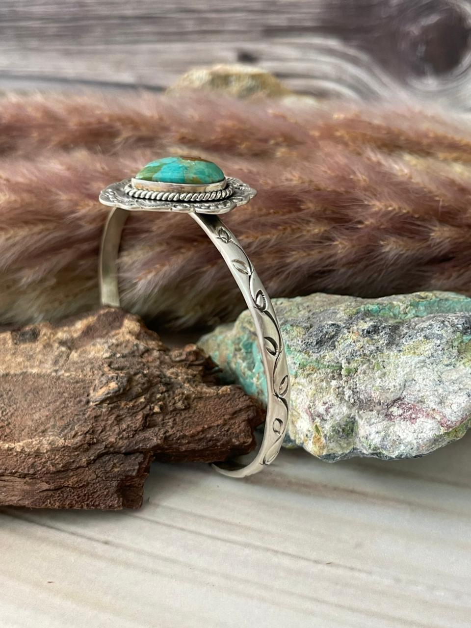 Handmade Sterling Silver Kingman Turquoise Heart Cuff Bracelet Signed Nizhoni