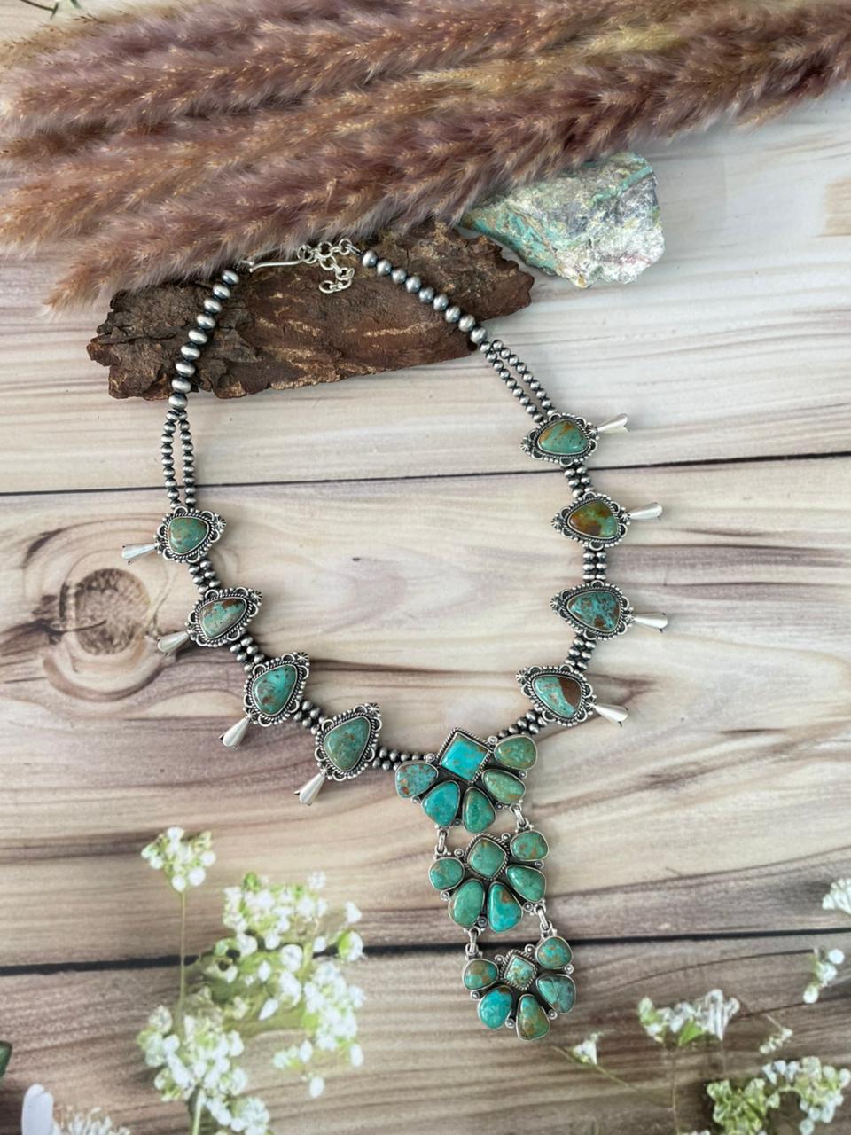 Handmade Sterling Silver Sonoran Turquoise Squash Blossom Beaded Necklace Signed Nizhoni