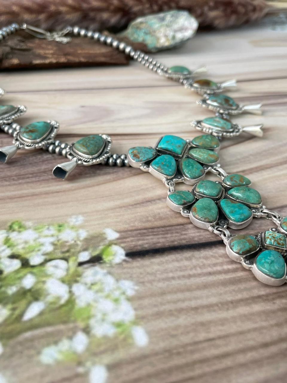 Handmade Sterling Silver Sonoran Turquoise Squash Blossom Beaded Necklace Signed Nizhoni