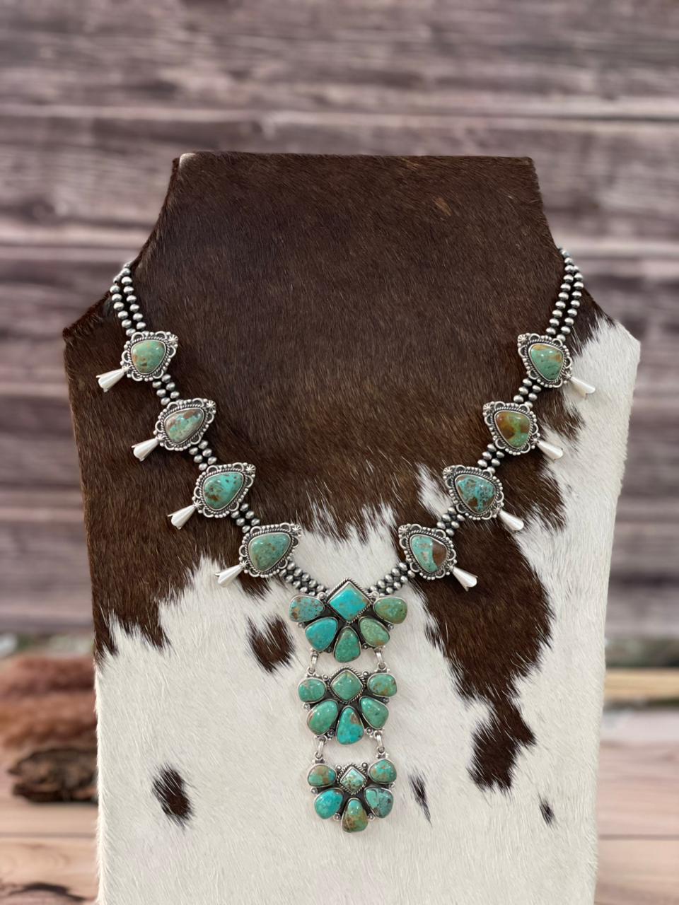 Handmade Sterling Silver Sonoran Turquoise Squash Blossom Beaded Necklace Signed Nizhoni