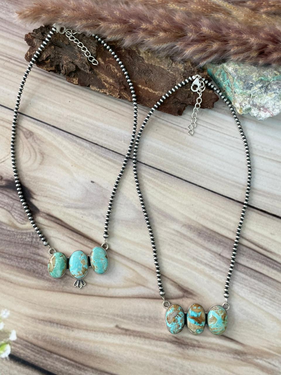 Handmade Sterling Silver Royston Ribbon Turquoise Beaded Necklace Signed Nizhoni