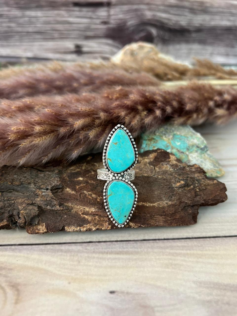 Handmade Sterling Silver Green Kingman Turquoise Collection: Adjustable Ring Signed Nizhoni