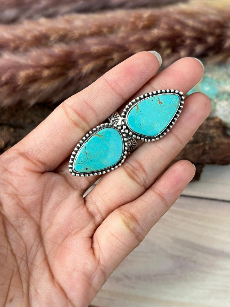 Handmade Sterling Silver Green Kingman Turquoise Collection: Adjustable Ring Signed Nizhoni