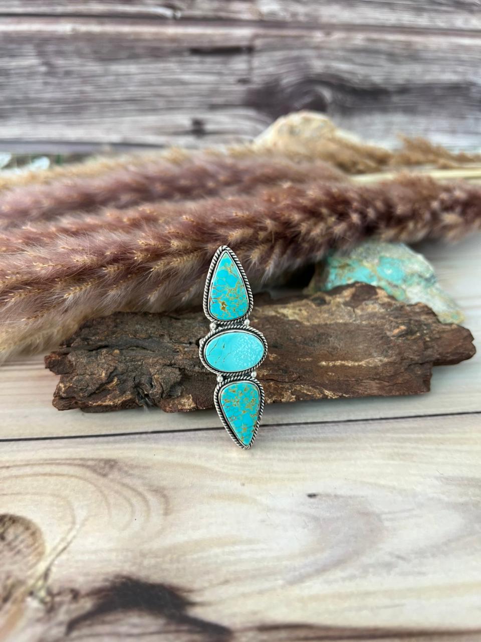 Handmade Sterling Silver Green Kingman Turquoise Collection: Adjustable Ring Signed Nizhoni