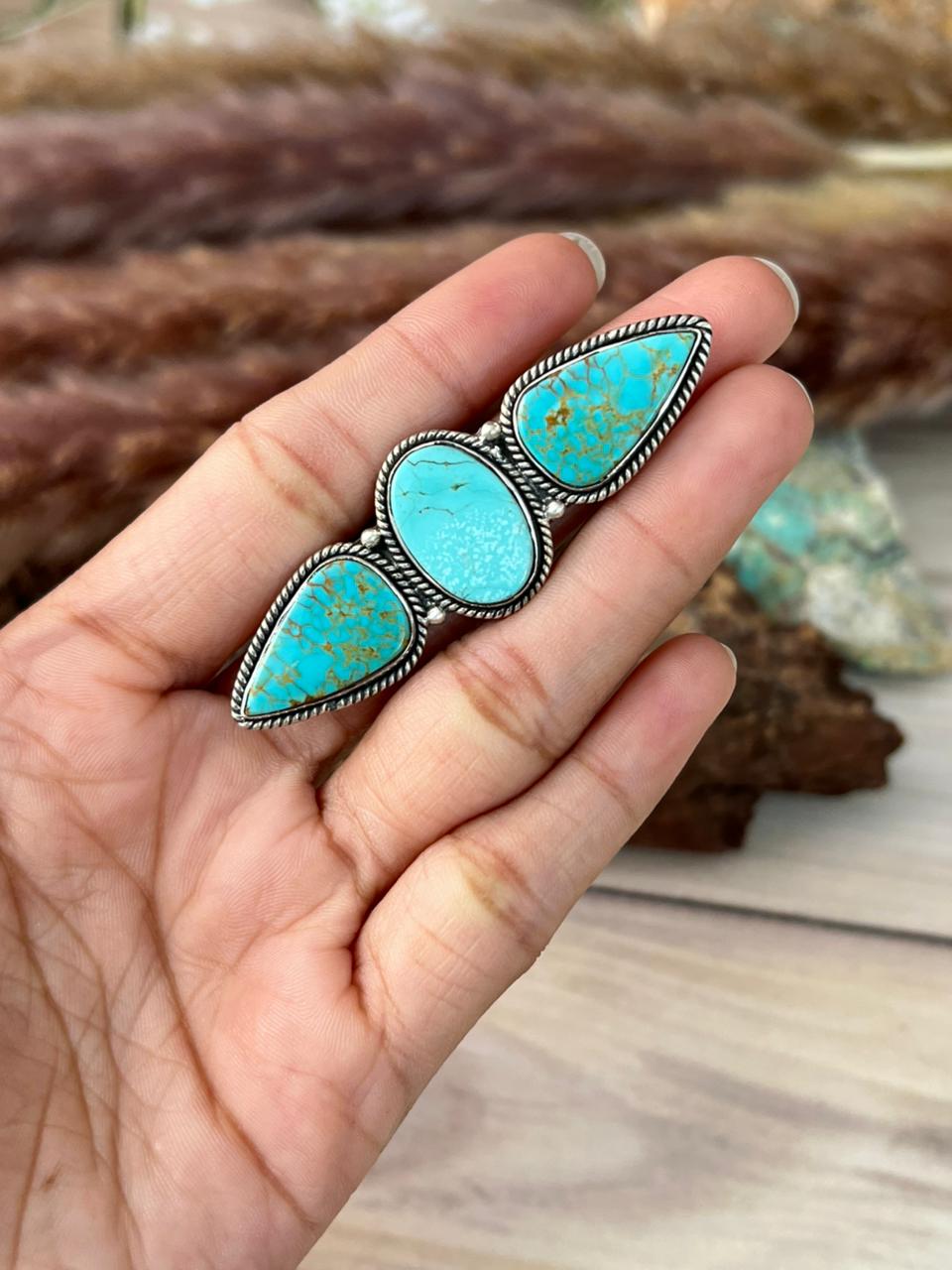 Handmade Sterling Silver Green Kingman Turquoise Collection: Adjustable Ring Signed Nizhoni
