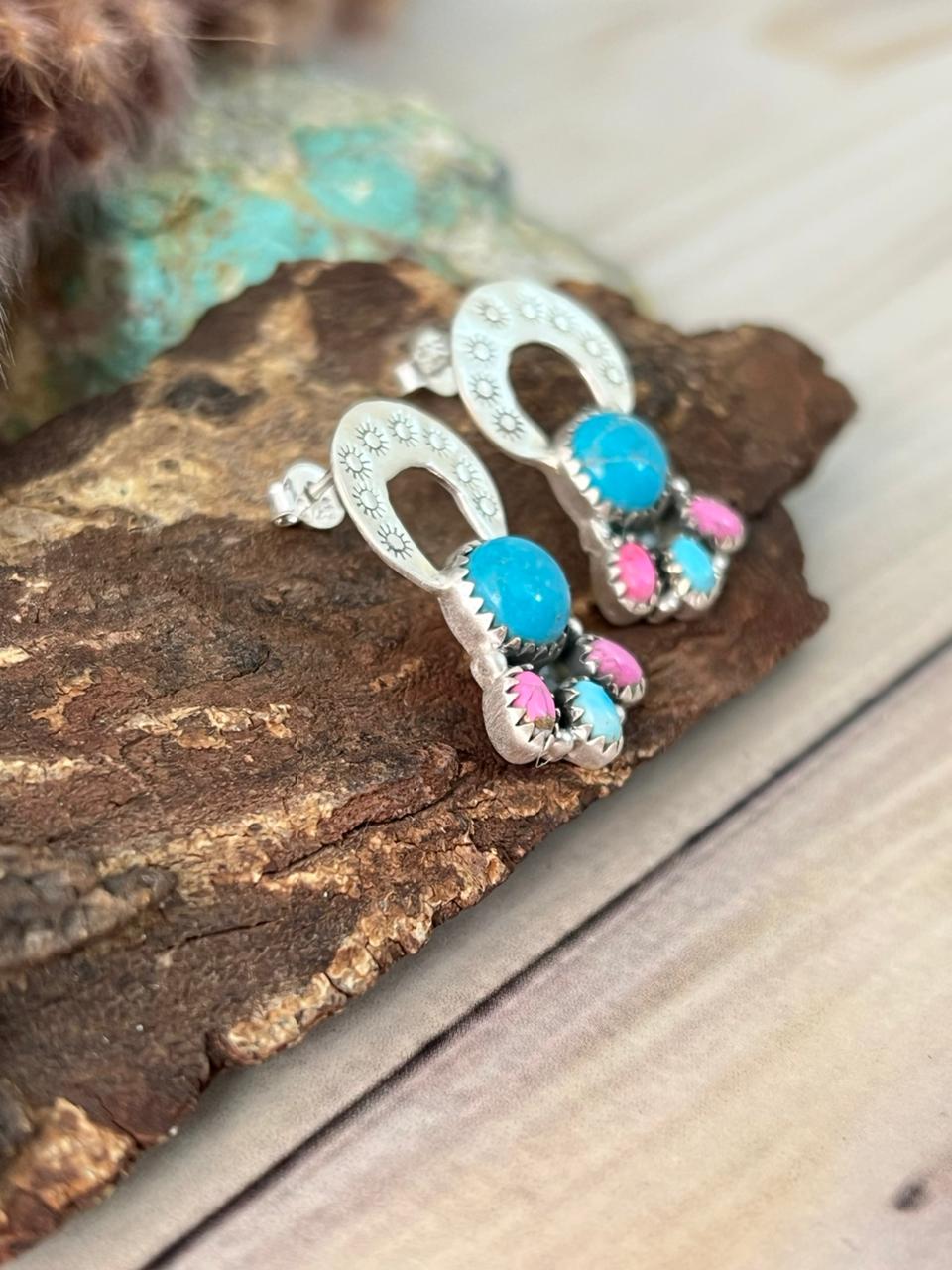 Handmade Sterling Silver Blue Kingman Turquoise with Cotton Candy Post Earrings Signed Nizhoni