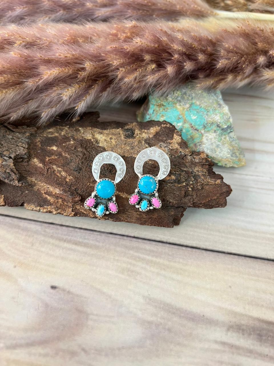 Handmade Sterling Silver Blue Kingman Turquoise with Cotton Candy Post Earrings Signed Nizhoni