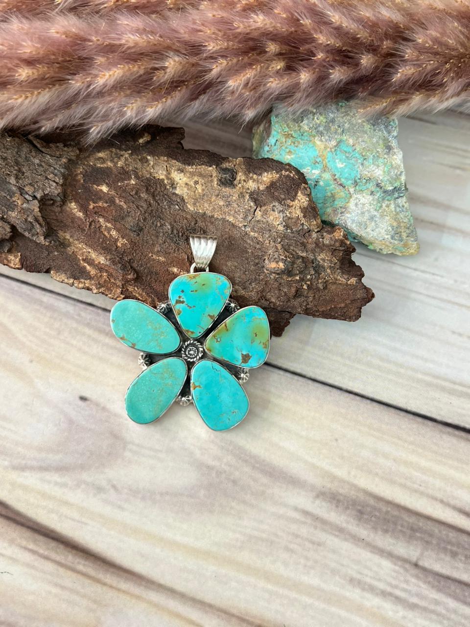 Handmade Sterling Silver Green Kingman Turquoise Collection: Pendant Signed Nizhoni