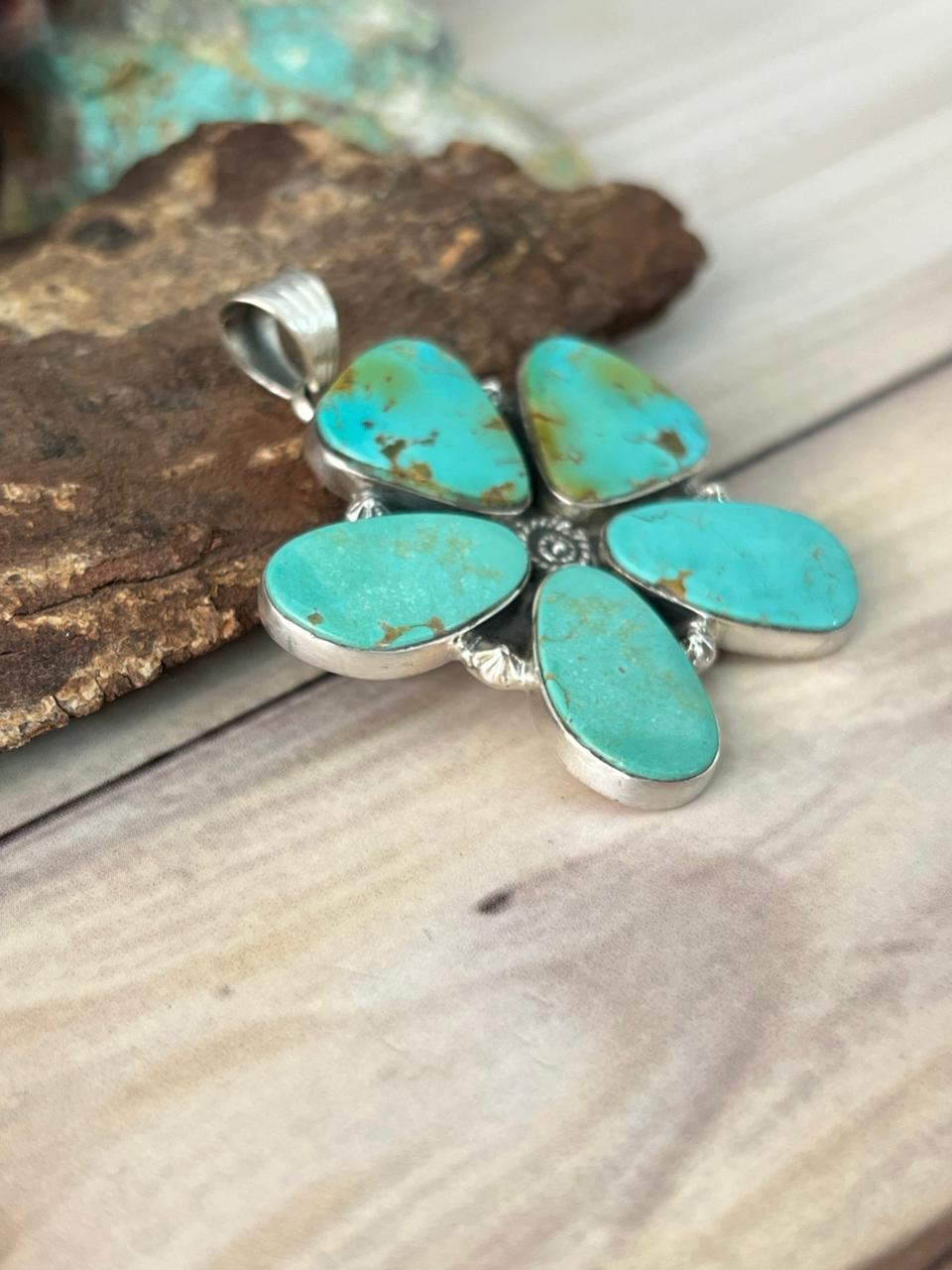 Handmade Sterling Silver Green Kingman Turquoise Collection: Pendant Signed Nizhoni