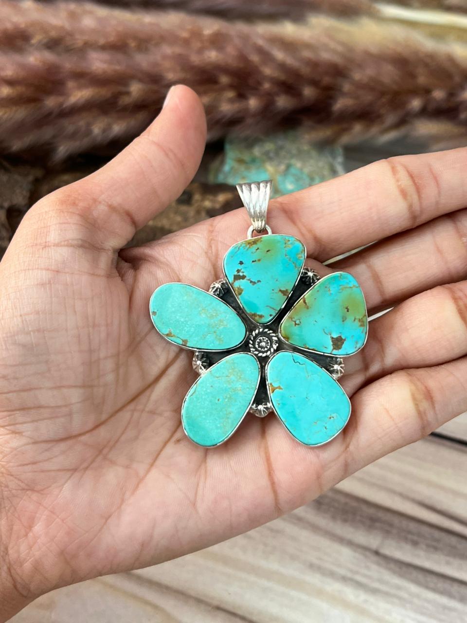 Handmade Sterling Silver Green Kingman Turquoise Collection: Pendant Signed Nizhoni