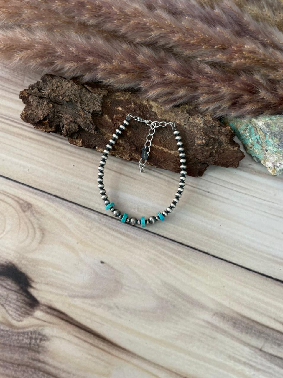 Handmade Sterling Silver Kingman Turquoise Beaded Chain Bracelet Signed Nizhoni