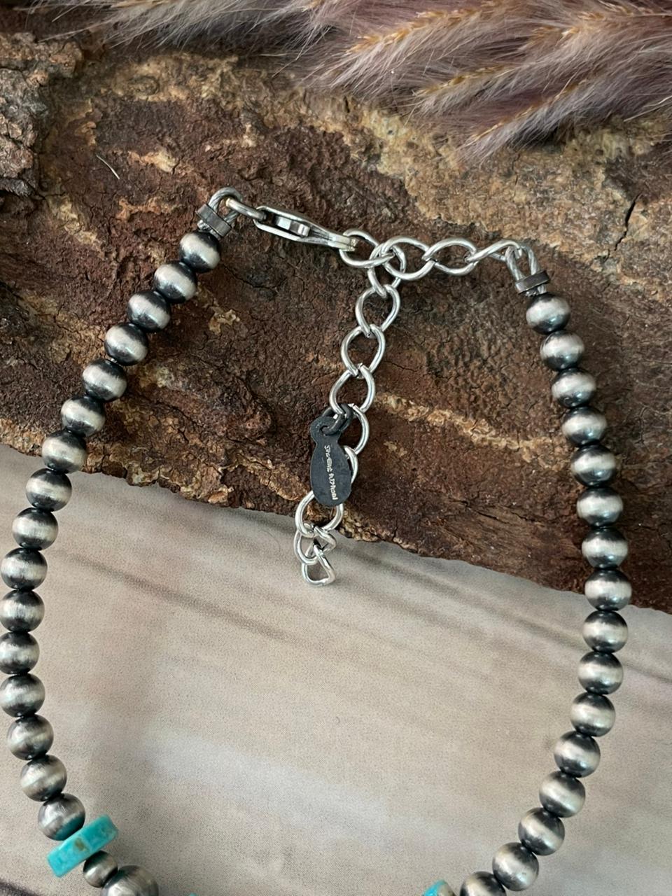 Handmade Sterling Silver Kingman Turquoise Beaded Chain Bracelet Signed Nizhoni