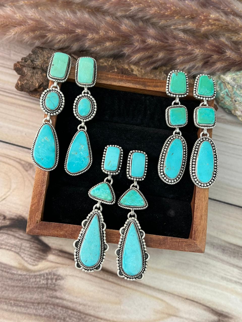 Handmade Sterling Silver Green Kingman Turquoise Collection: Post Dangle Earrings Signed Nizhoni
