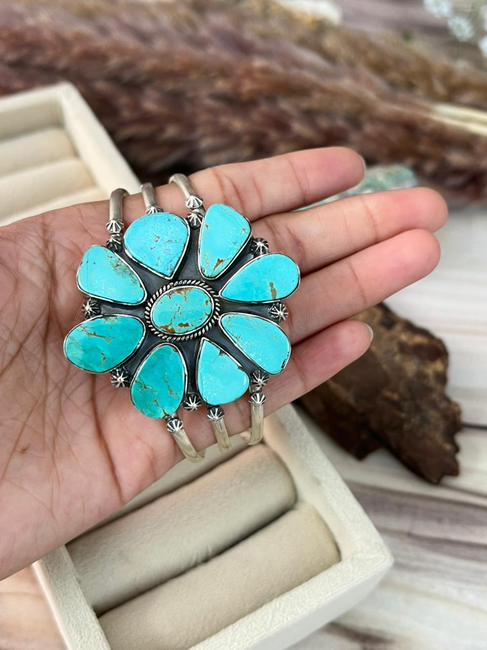 Handmade Sterling Silver Green Kingman Turquoise Collection: Cuff Bracelet Signed Nizhoni