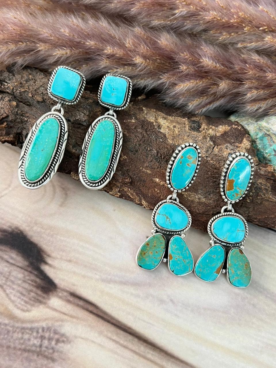 Handmade Sterling Silver Green Kingman Turquoise Collection: Post Dangle Earrings Signed Nizhoni
